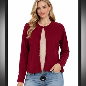 Easel 100% Cashmere Brick Red Fringe Open Front Cardigan Sweater S